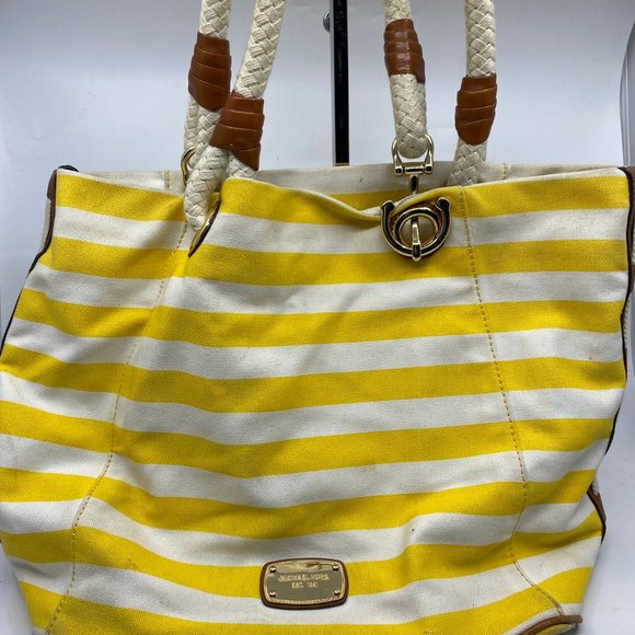 Michael Kors XL Yellow/White Canvas Fabric Handbag - Picture 2 of 14